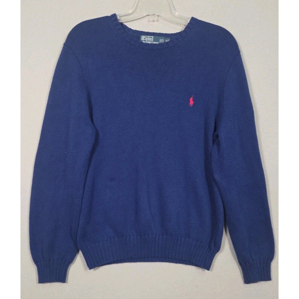 Vtg Polo Ralph Lauren Sweater Mens L Navy Crewneck Cotton Red Pony Preppy
